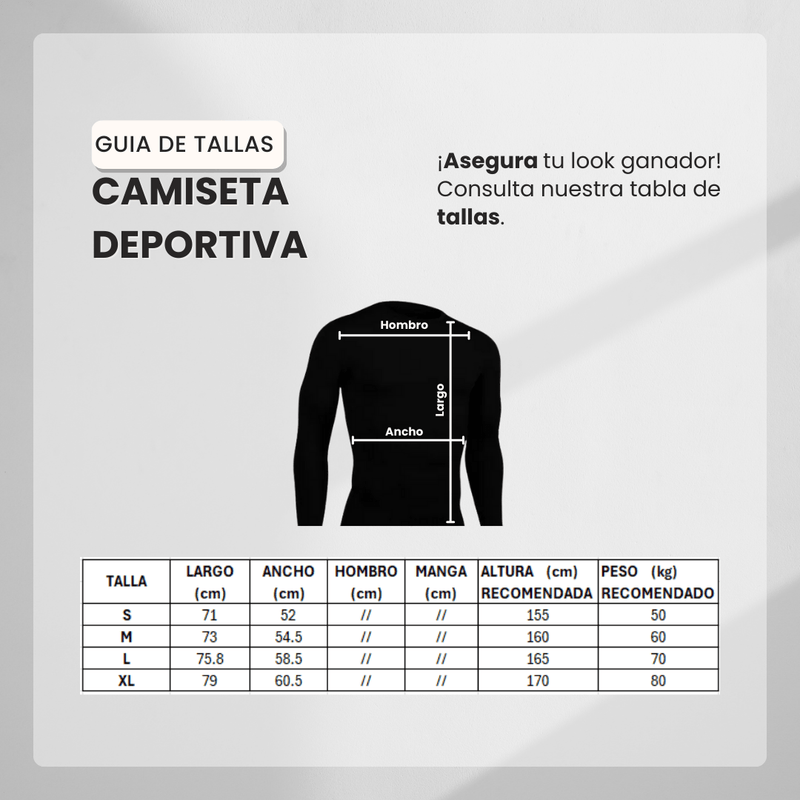 Guía de tallas para Camiseta Manga Larga Deportiva Azul Oscuro Para Hombre Ref. CAMBU01