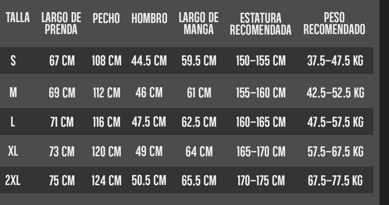 Guía de tallas para Chaqueta Deportiva Negra Para Hombre Ref. 99999