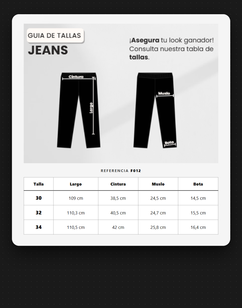 Guía de tallas para Jean G-S F012 Negro Para Hombre